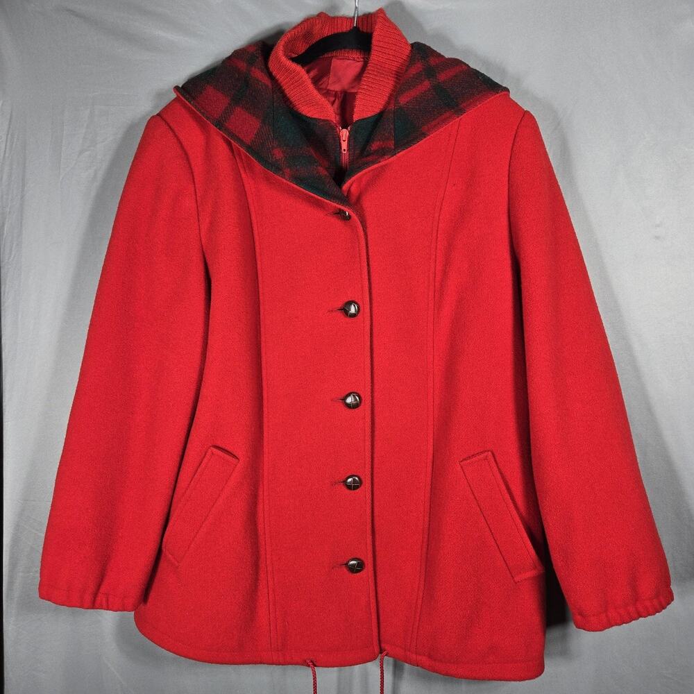 Vintage Mackintosh Vestcoat Womens Large‎ Red Wool Plaid Hooded Parka Union Made